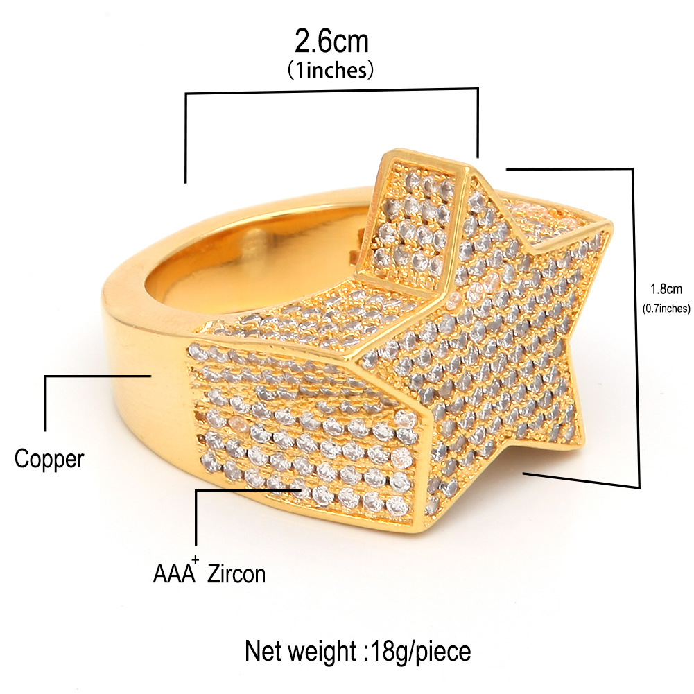 Foreign Trade Hot Selling European and American New Pentagram Ring Men's XINGX Ring Hip Hop Micro Inlaid Zircon Starring