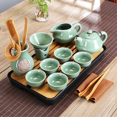家用汝窑功夫茶具茶杯陶瓷干泡茶盘托套装日式简约小茶台茶海定制