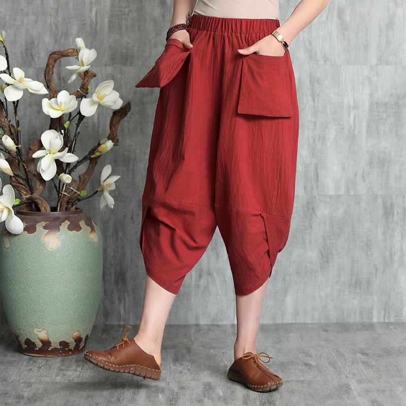 2018夏季新品棉麻女装个性女式灯笼裤宽松休闲裤高腰百搭七分裤子
