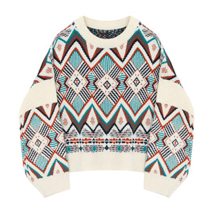 ulzzang2018秋冬新款 雪尼尔民族风花色毛衣女上衣宽松显瘦复古