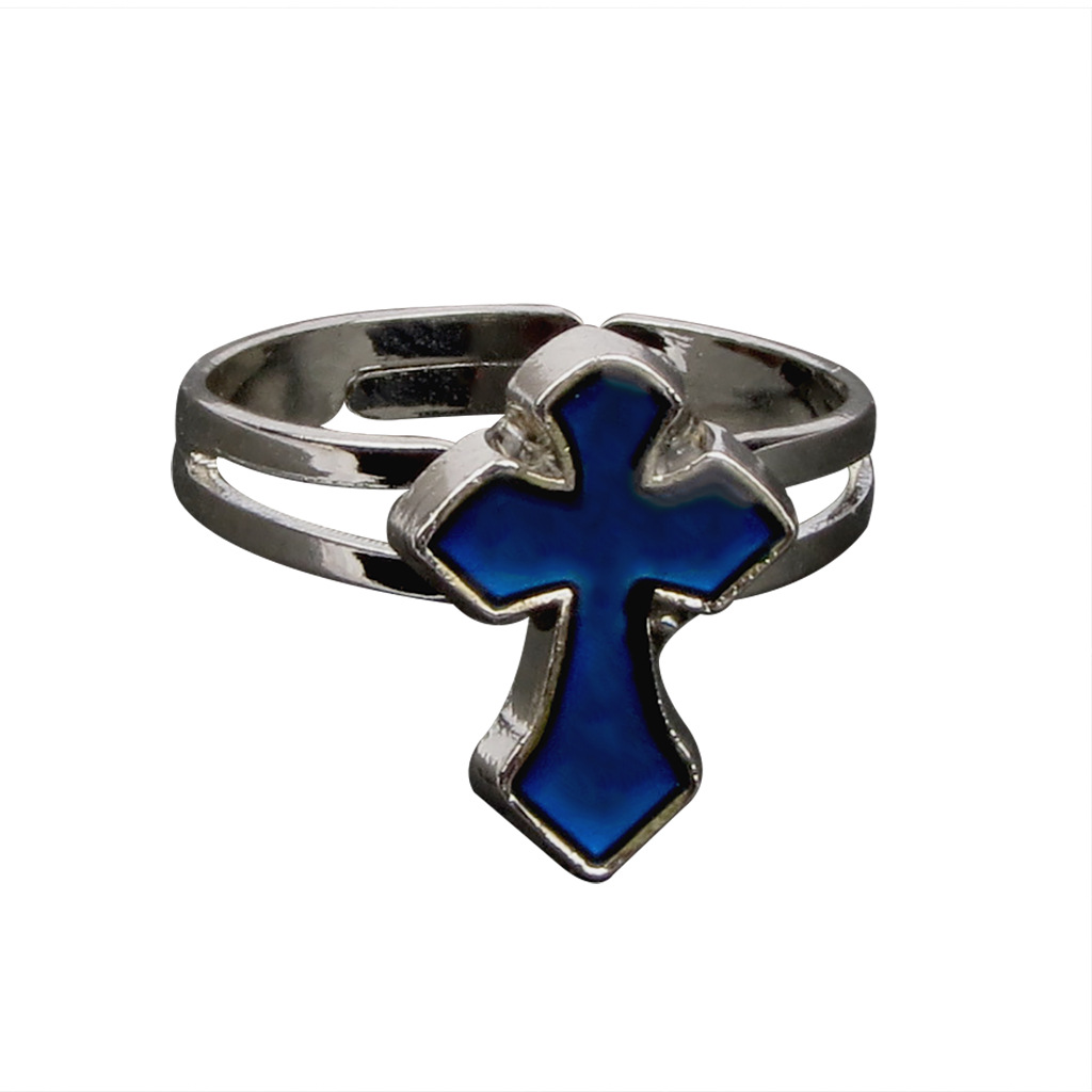 外贸基督教十字架戒指温度心情变色戒指 开口指环批发