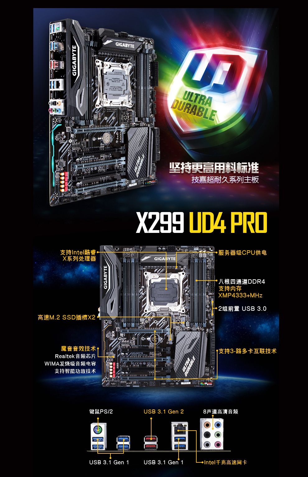 技嘉(gigabyte)x299 ud4 pro 游戏主板(x299/lga2066)