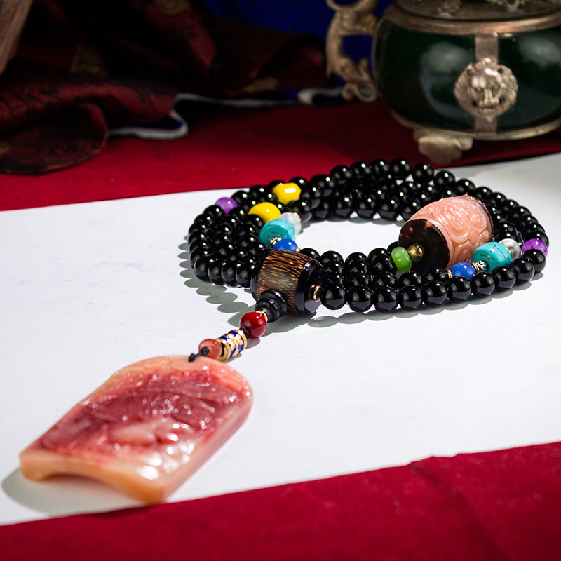 天然黑色藏式羊角桶珠手串黑羊角珠子108颗佛珠手串搭配鹿角盘