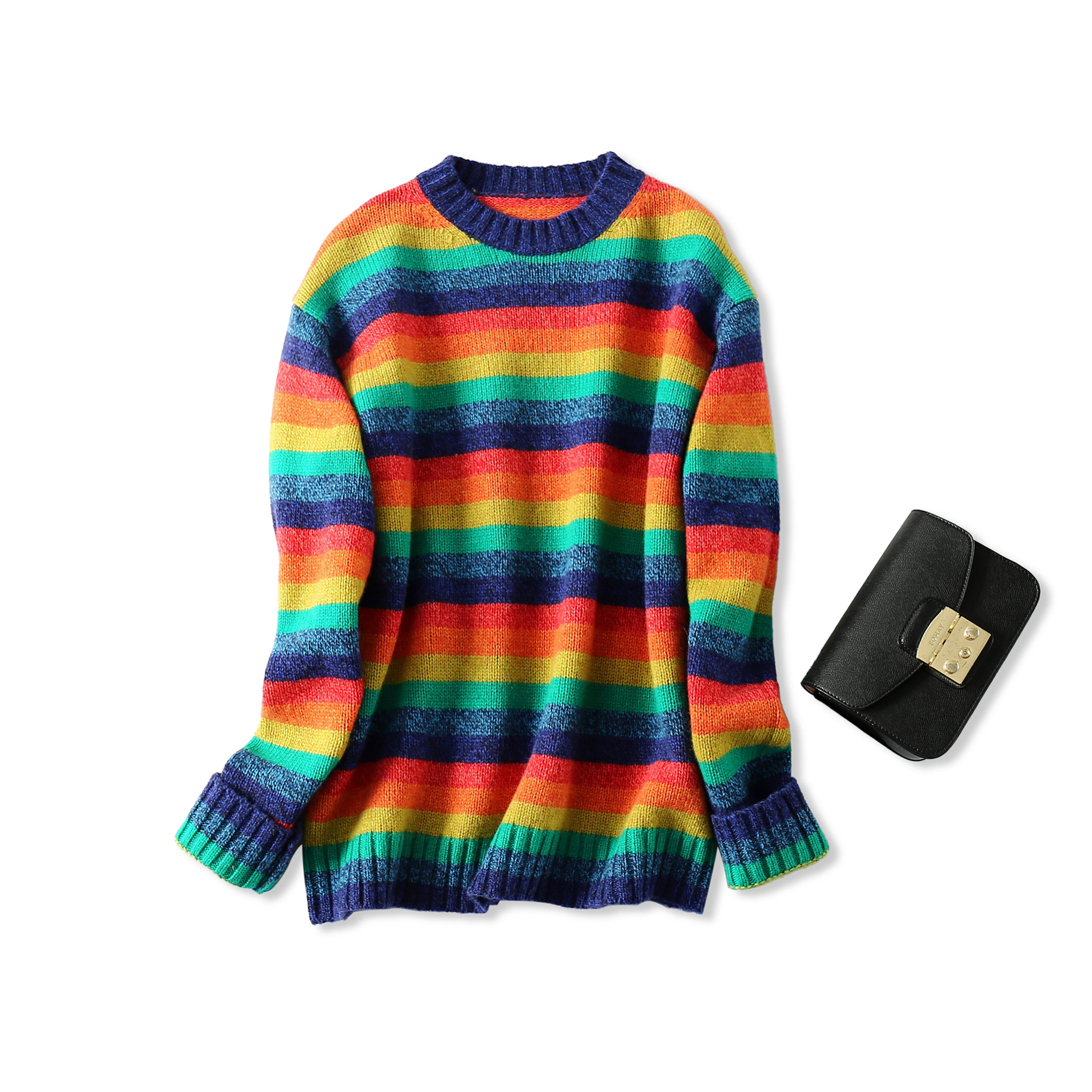时髦彩虹条纹 宽松圆领长袖羊毛针织衫毛衣女