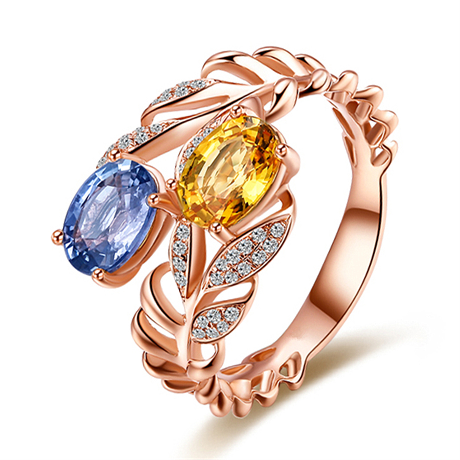 wish速卖通新款热卖树叶树枝彩宝戒指 橄榄叶镶钻镀玫瑰金指环