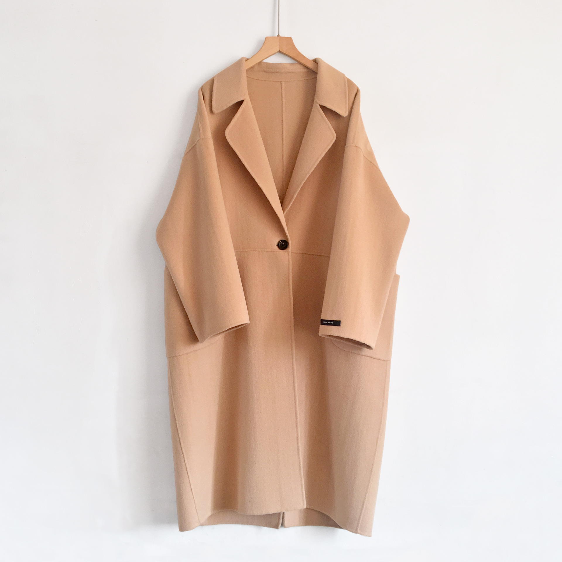 韩国秋冬新款纯手工双面手缝呢羊毛纯色羊绒大衣中长款西装领外套