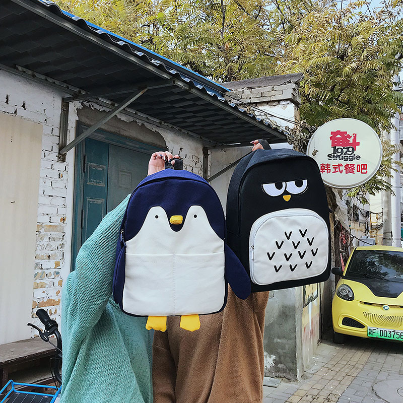 Japanese Teenage Leisure Cartoon Funny Penguin Owl Canvas Backpack Cute Personality Girlfriends Backpack Schoolbag