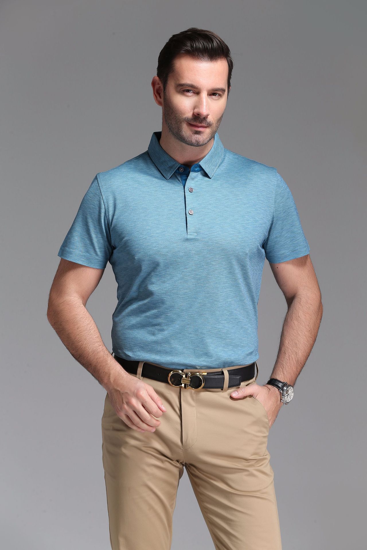 桑蚕丝2018夏季新款男款短袖t恤男商务休闲翻领纯色潮流男士t恤