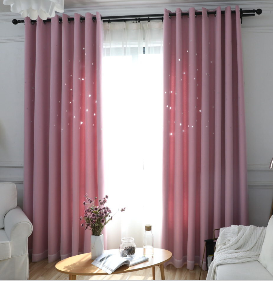 双层遮光镂空星星窗帘粉色公主风卧室窗帘成品韩式蕾丝窗帘定制