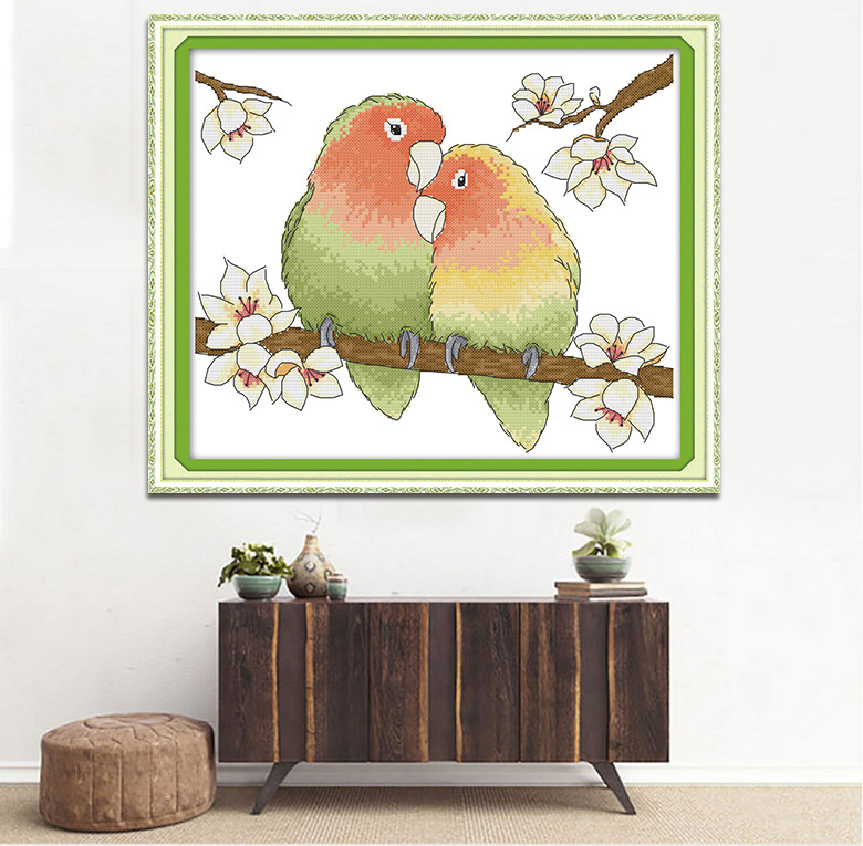 厂家生产十字绣恩爱鹦鹉动物刺绣客厅卧室现代简约装饰画一件代发