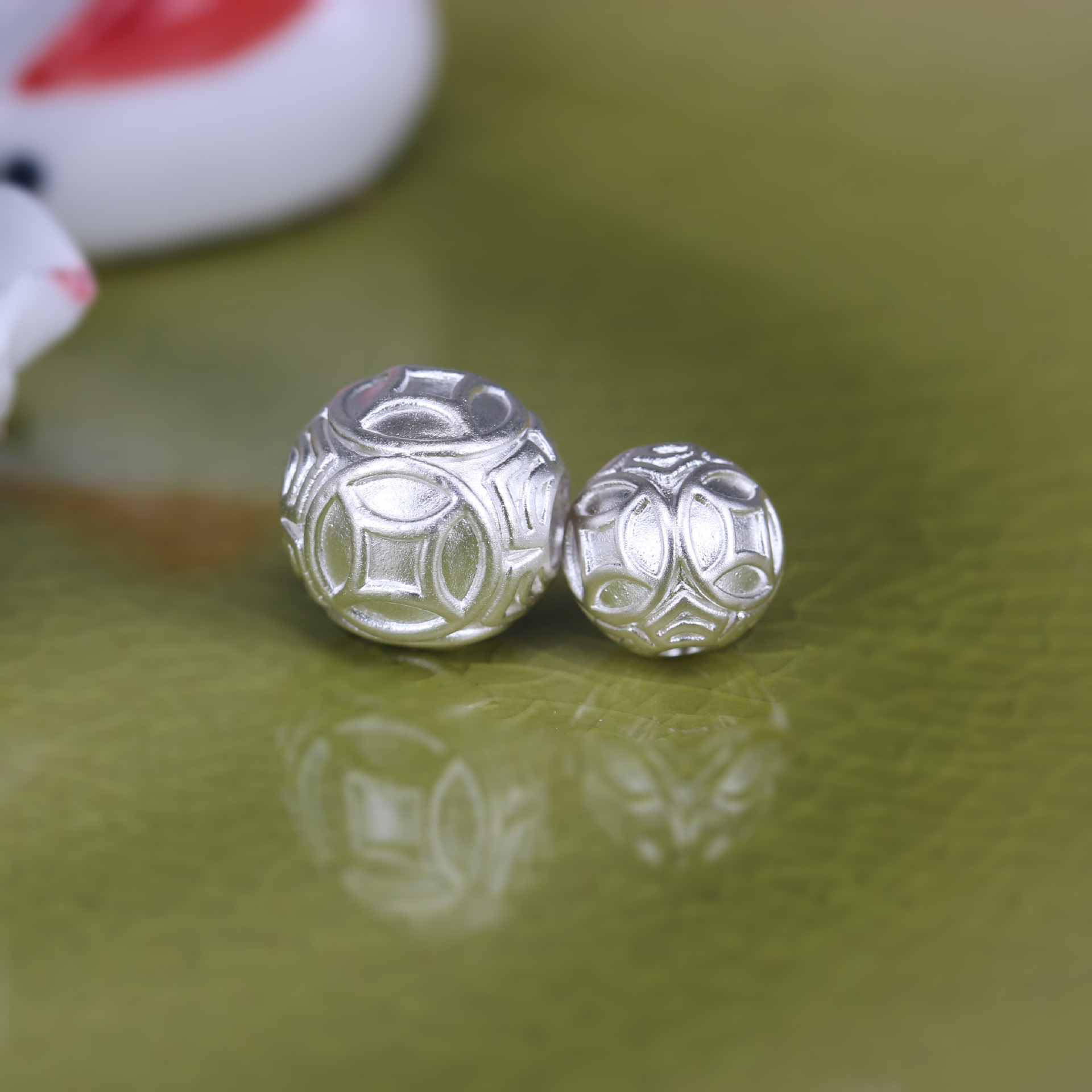 999纯银银饰配珠 3d硬银招财铜钱纹路路通diy手链项链水晶配件