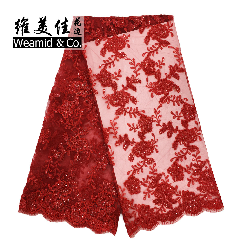 维美佳花边 大红色透明亮片礼服面料 新款女装彩色网纱刺绣满幅
