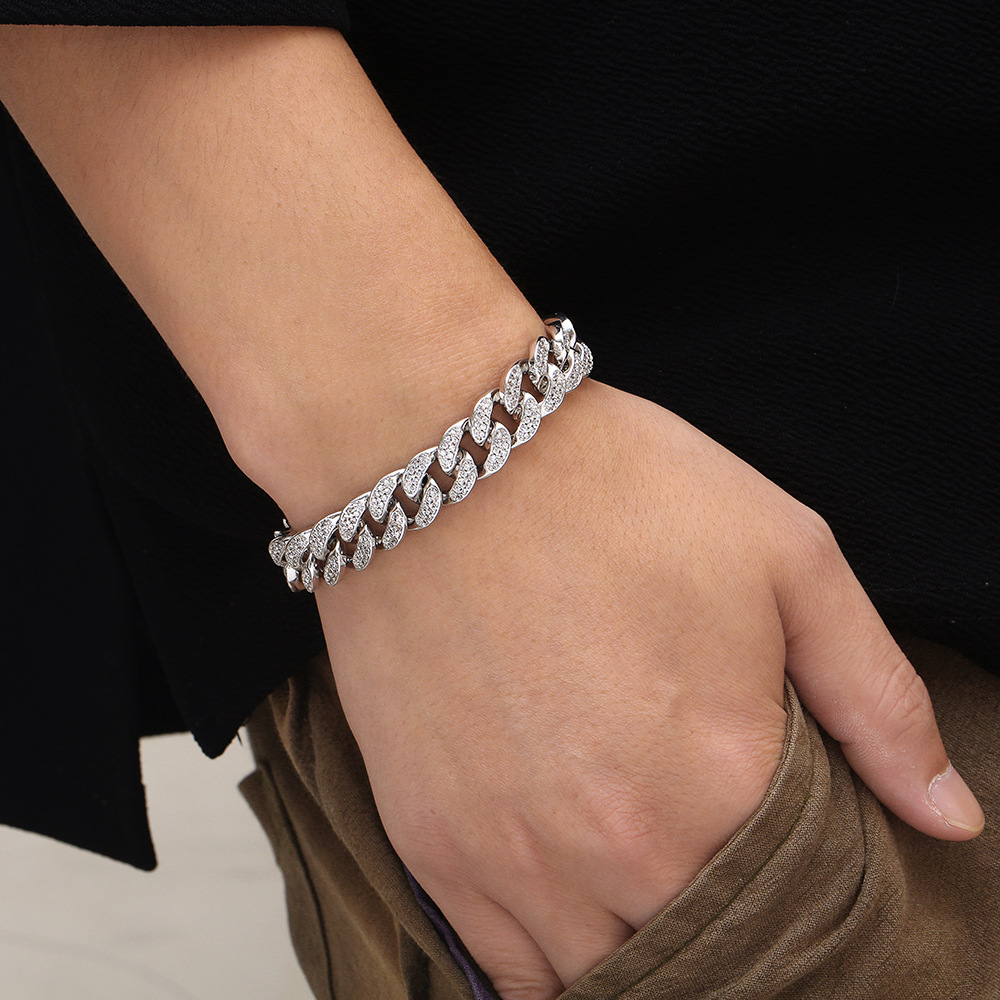 跨境欧美hip hop嘻哈风饰品手链18k金微镶3acz锆石满钻古巴链手链