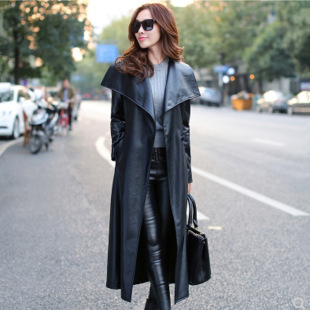 女装长款修身皮大衣