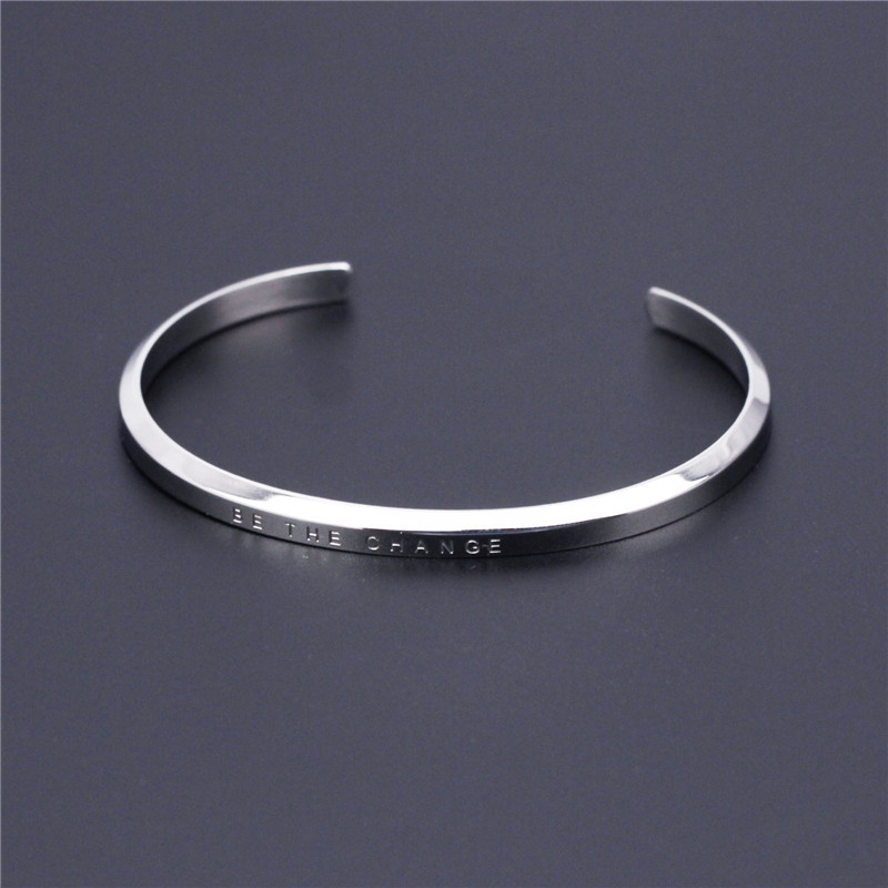 跨境爆款时尚玫瑰金光面开口刻字钛钢手镯be the change手环 批发