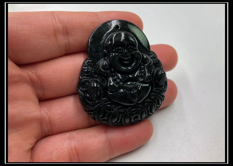 天然蛇纹石玉佛公吊坠 女款精品大号佛公项链挂件 黑墨玉佛公吊坠