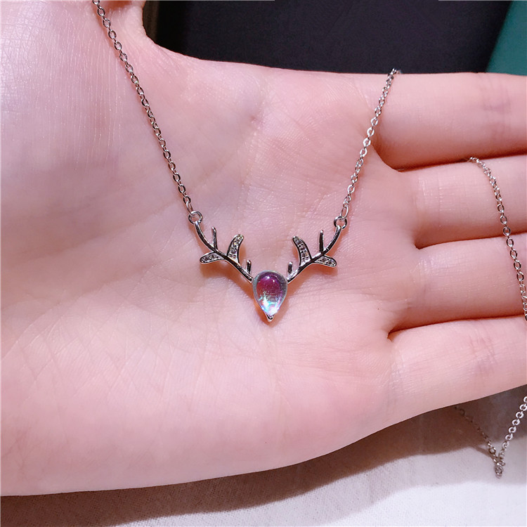 s925银 简约月光石麋鹿项链 一鹿有你 鹿头锁骨链 饰品 女