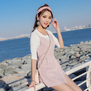 2018新款夏装女生时髦套装格子吊带连体裙裤配白色短袖t恤两件套