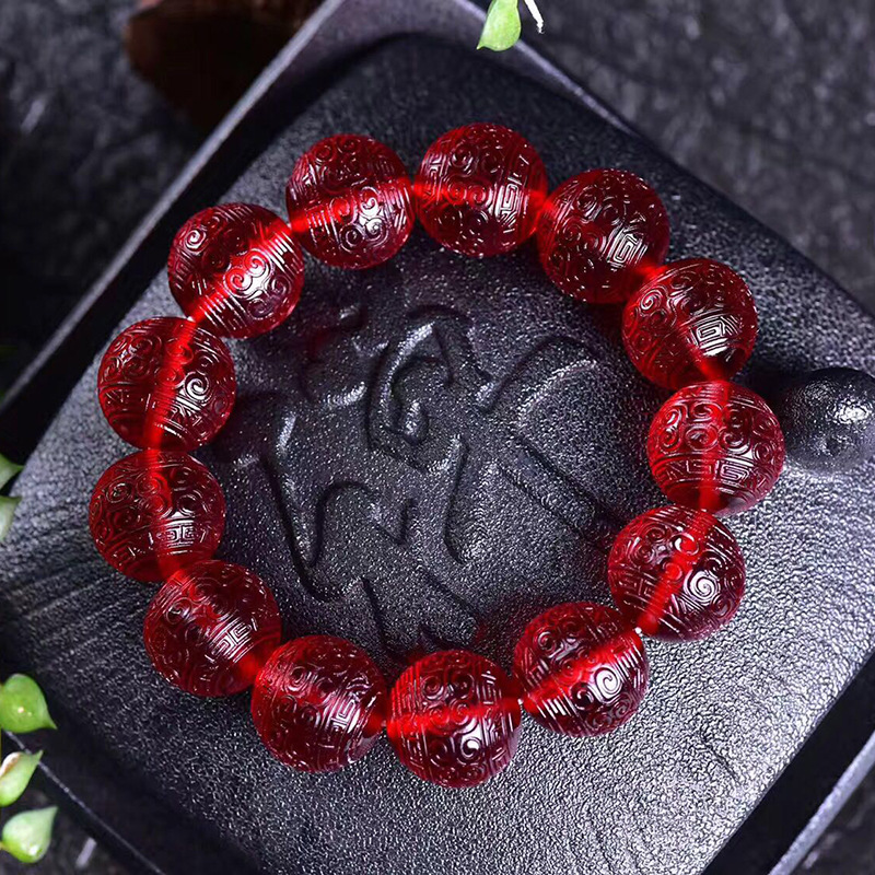 二代琥珀血珀回纹珠手链收藏蜜蜡圆珠琥珀桶珠手链男女款手串批发