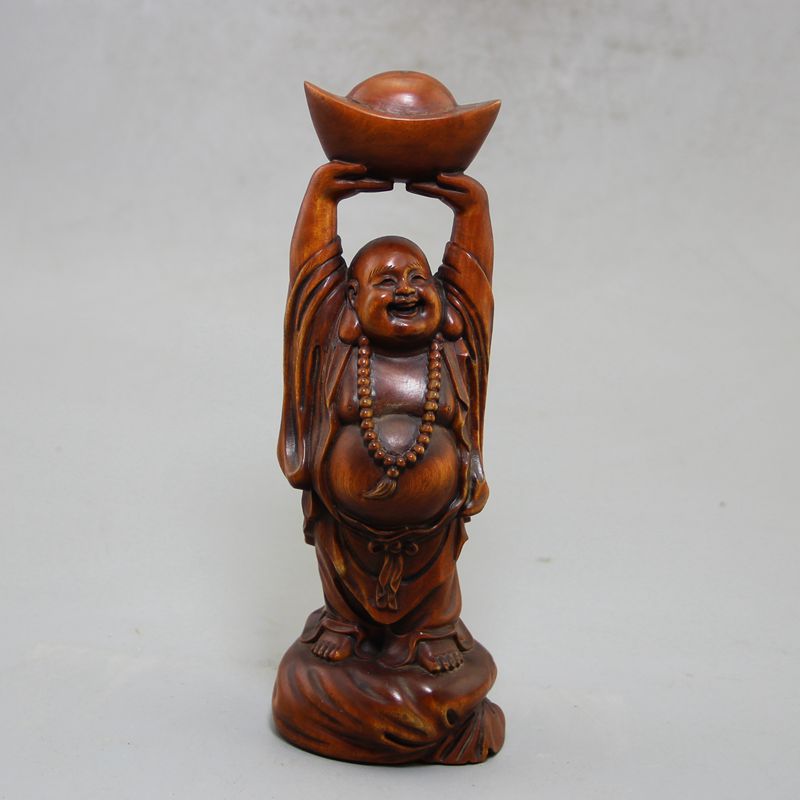 古玩工艺品礼品批发收藏精品仿古做旧黄杨木举宝弥勒财源广进摆件