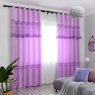 厂家直销全涤紫色卧室窗帘小星星蕾丝浪漫客厅窗帘批发定制