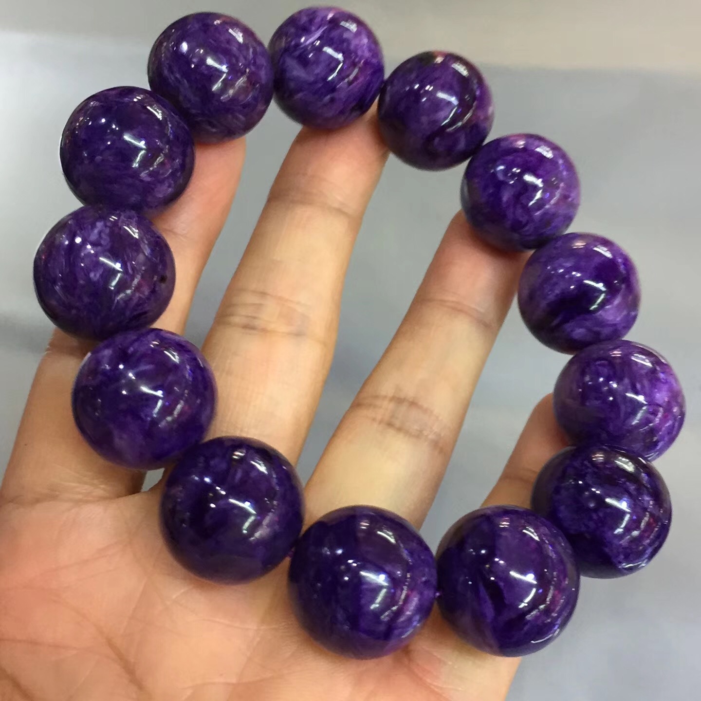 天然水晶手链俄罗斯紫龙晶圆珠手串龙云纹清晰色紫手男女款水晶链