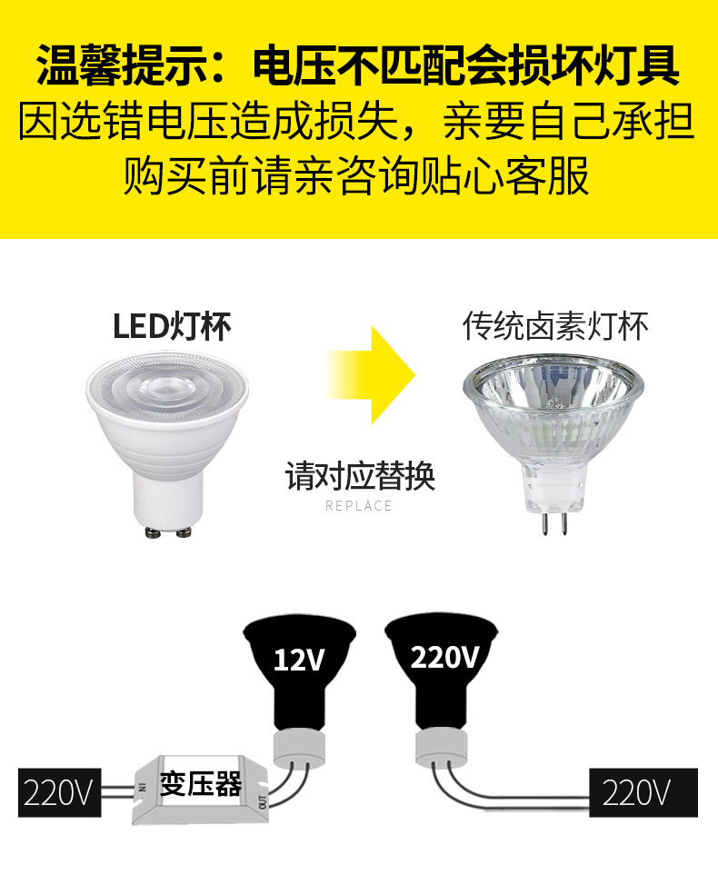 mr16 led灯杯12v220v插脚射灯光源gu10 led灯泡暖白光替换卤素灯