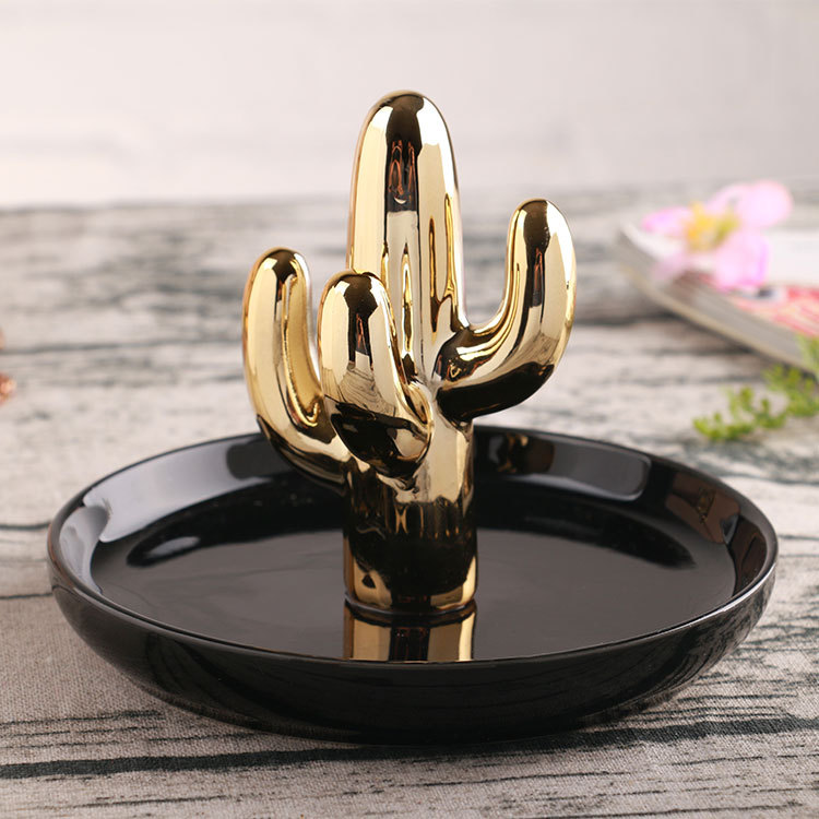 Wholesale Golden Cactus Ceramic Ring Setting Jewelry Tray Desktop Tray Decorative Ornaments Crafts