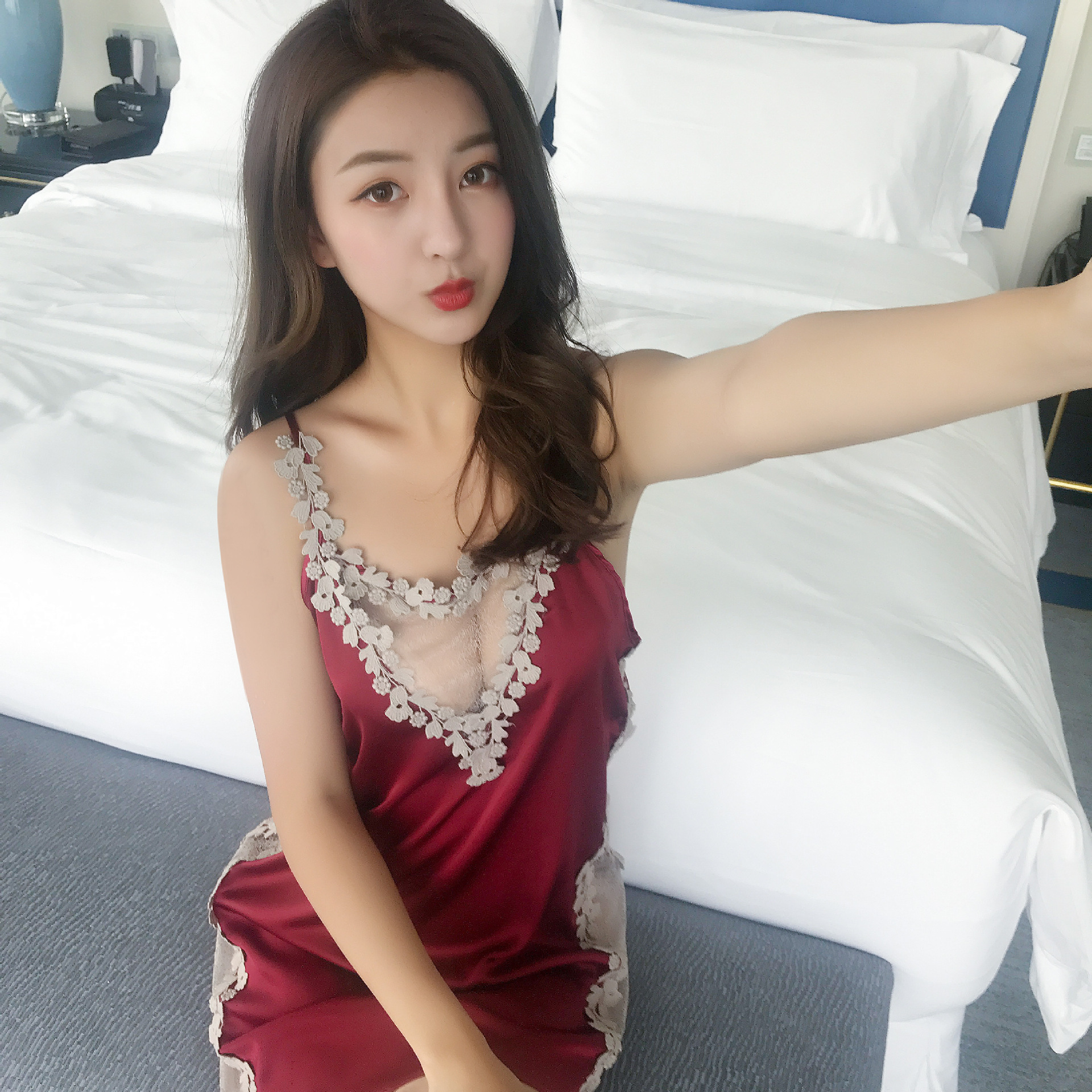 女士性感睡裙吊带露背蕾丝高开叉欧美旗袍刺绣镂空网纱蕾丝裙代发