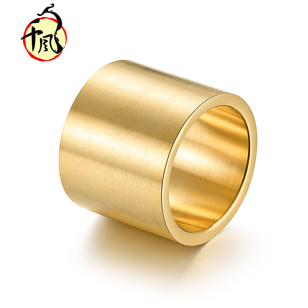 钛钢拉丝大光板指环 金色男士扳指 欧美首饰戒指