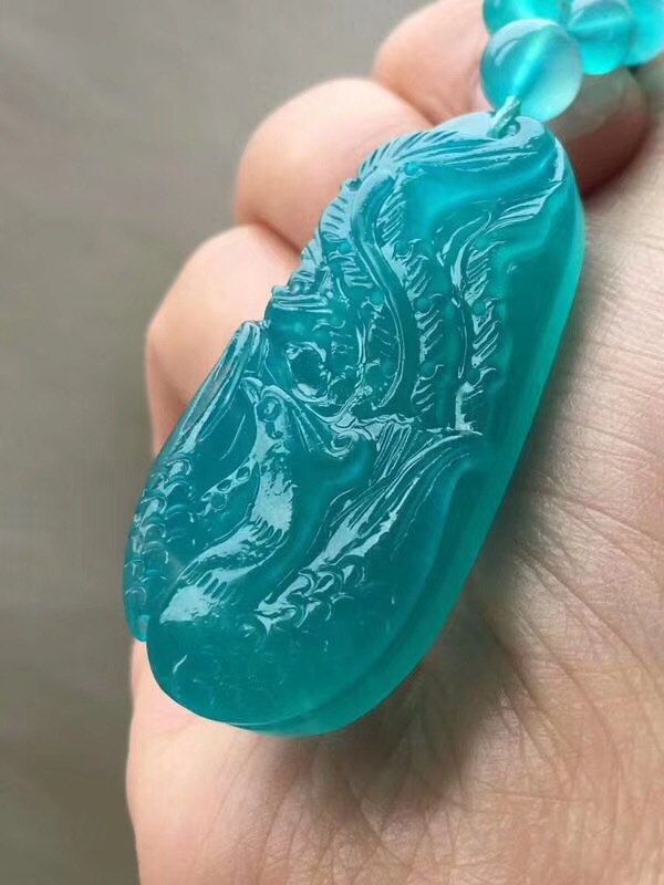 天河石雕刻件孔雀开屏配108颗佛珠饰品 高冰高蓝 无杂无黑 颜色美