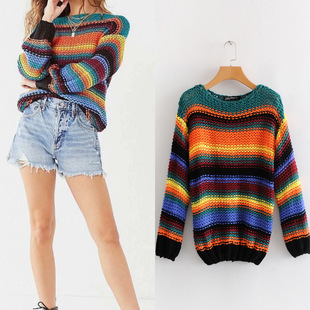 2018秋季欧美女装新款彩色条纹修身毛衣圆领套头长袖上衣热销批发