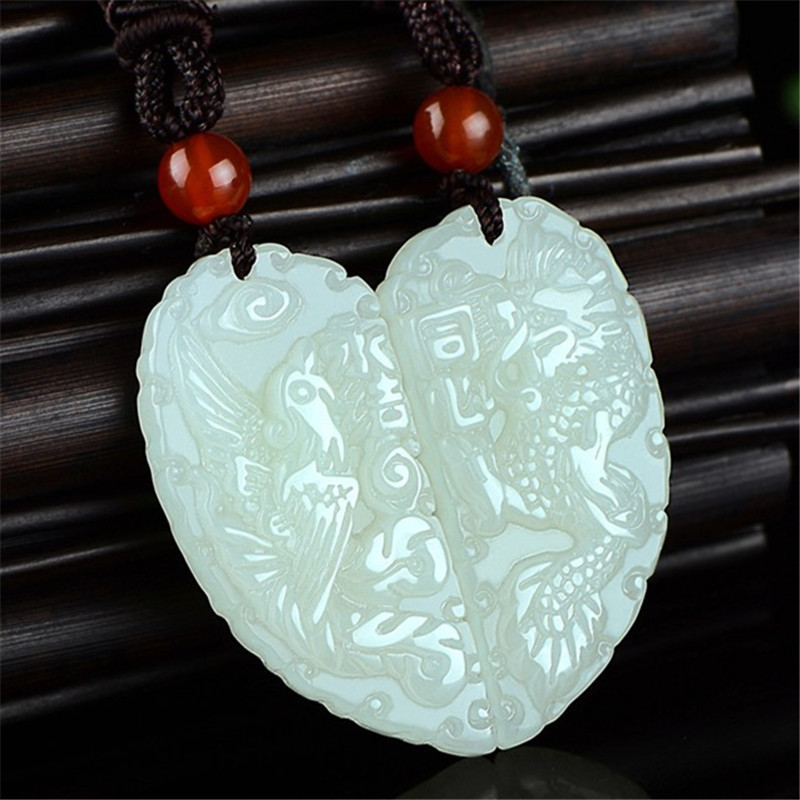 真玉和田白玉永结同心吊坠男女情侣款玉石坠对牌龙凤心形玉佩一对