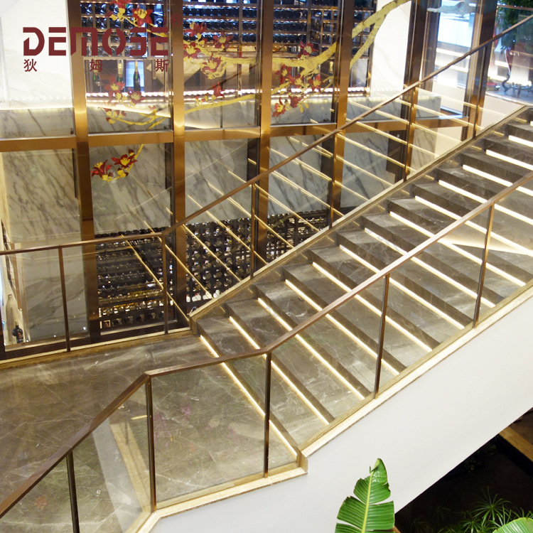 大型商场 方管玻璃护栏 楼梯预埋玻璃扶手 古铜色烤漆玻璃栏板