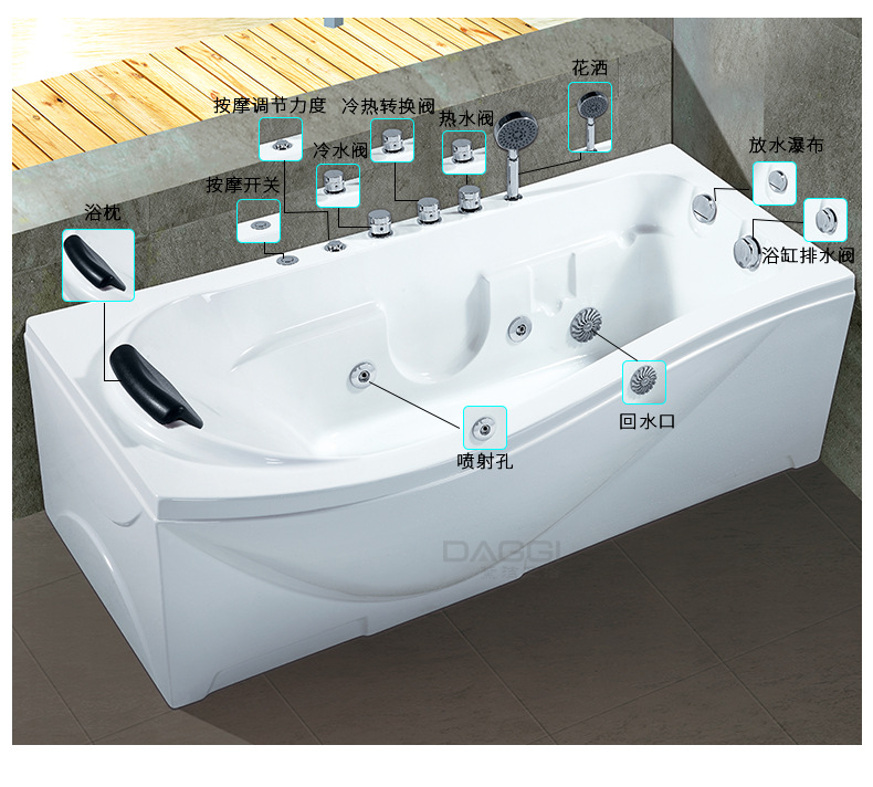 厂家批发浴缸成人亚克力按摩浴缸 可配恒温七彩泡泡按摩浴缸