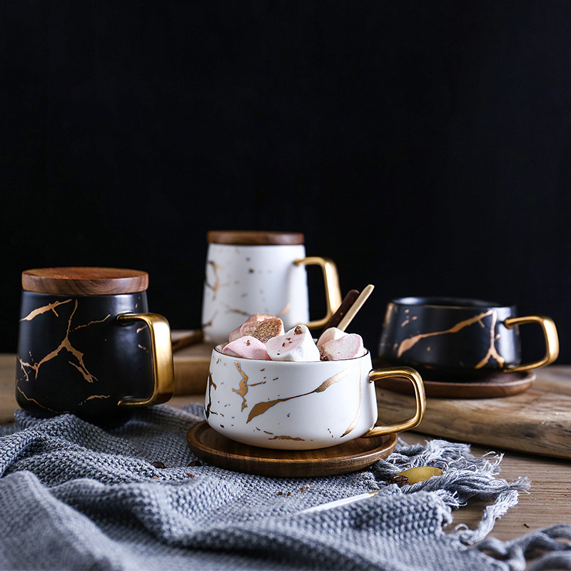 Marble Pattern Matte Gold Coffee Cup Japanese Style Black Platinum Pattern Ceramic Cup Mug with Wooden Plate Cup and Saucer