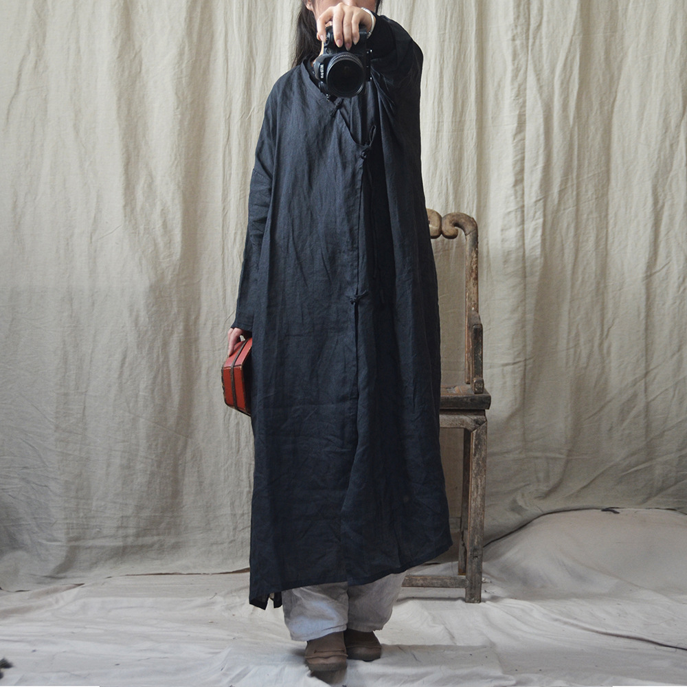 系念/原创棉麻女装春秋季复古开衩披风偏襟盘扣系带外套长袍风衣