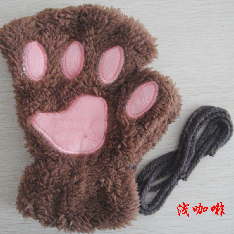 Cat's Paw Gloves Winter Cute Cartoon Cat Girl Open Finger Gloves Thickened Fluff Hand-Shaped Brush Half Finger Gloves