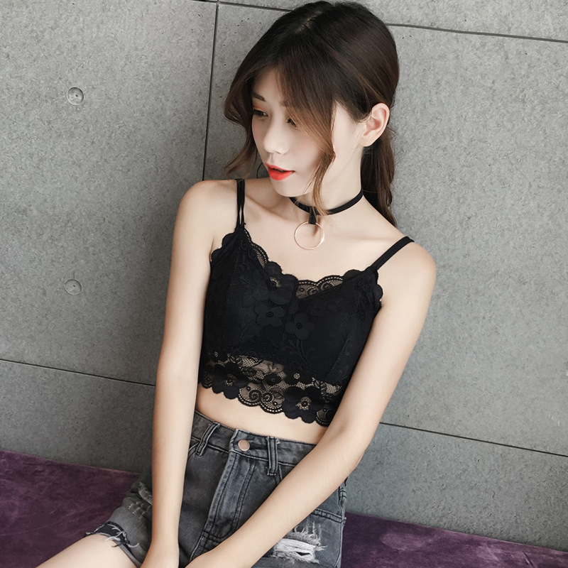 绥媛蕾丝打底短款细绳吊带小背心女带胸垫裹胸抹胸 黑白二色