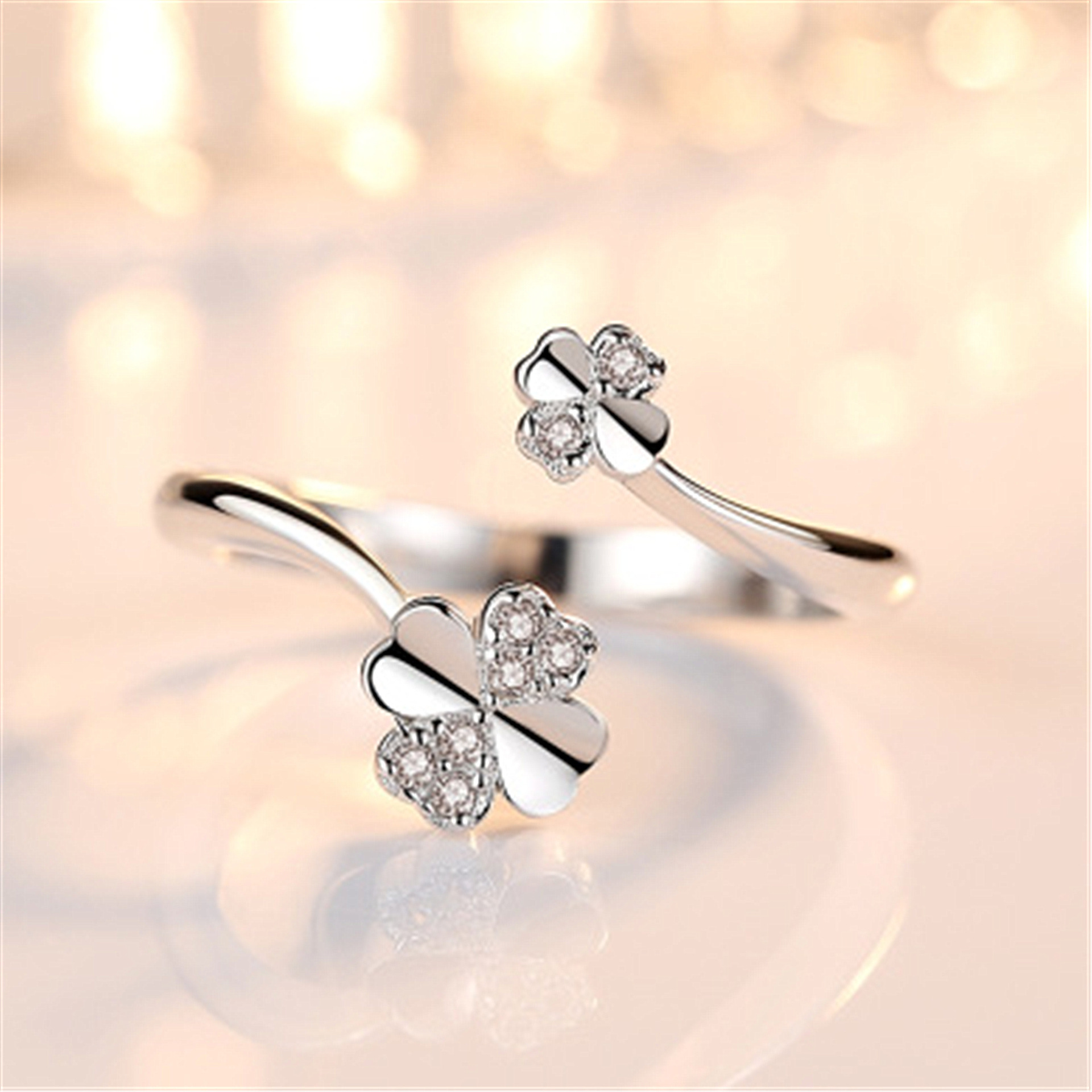 韩版潮人森系指环婚戒简约开口幸运草开口戒子亚马逊热卖创意热卖