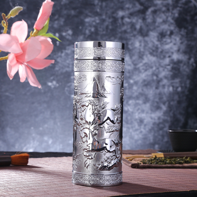 马到成功银杯带滤网内胆银泡茶杯高档商务办公礼品杯货源定制批发