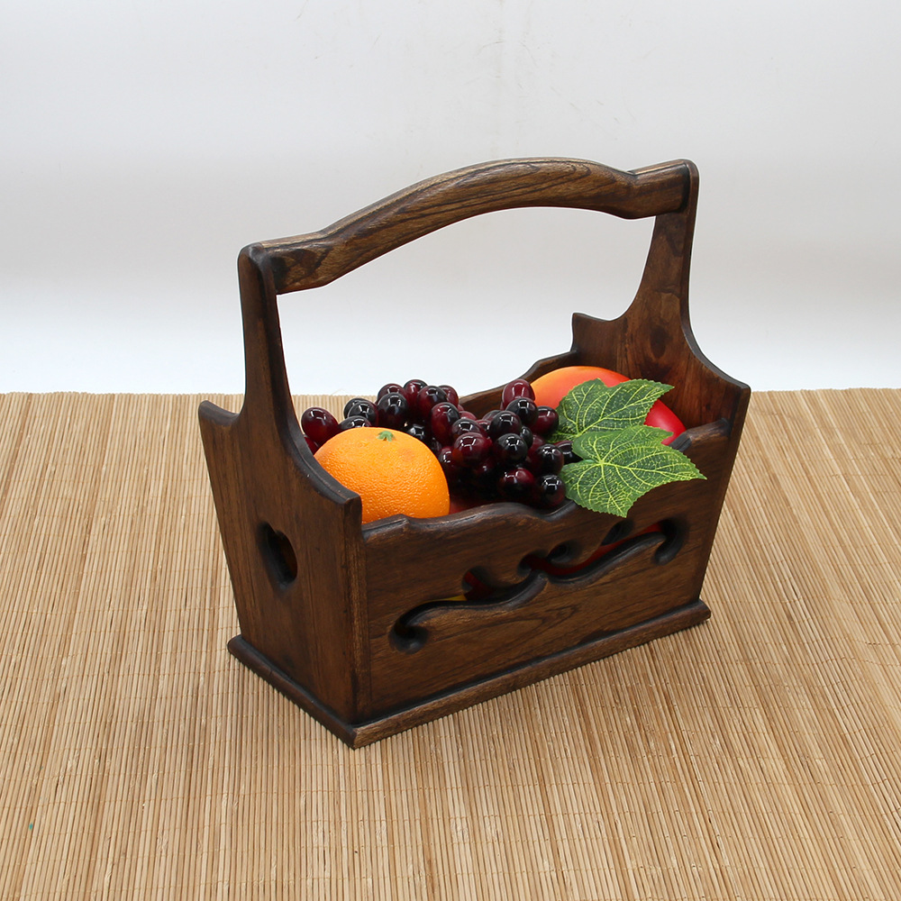 木质雕花收纳篮 家居装饰干花篮 果蔬置物篮 木制鲜花干花筐