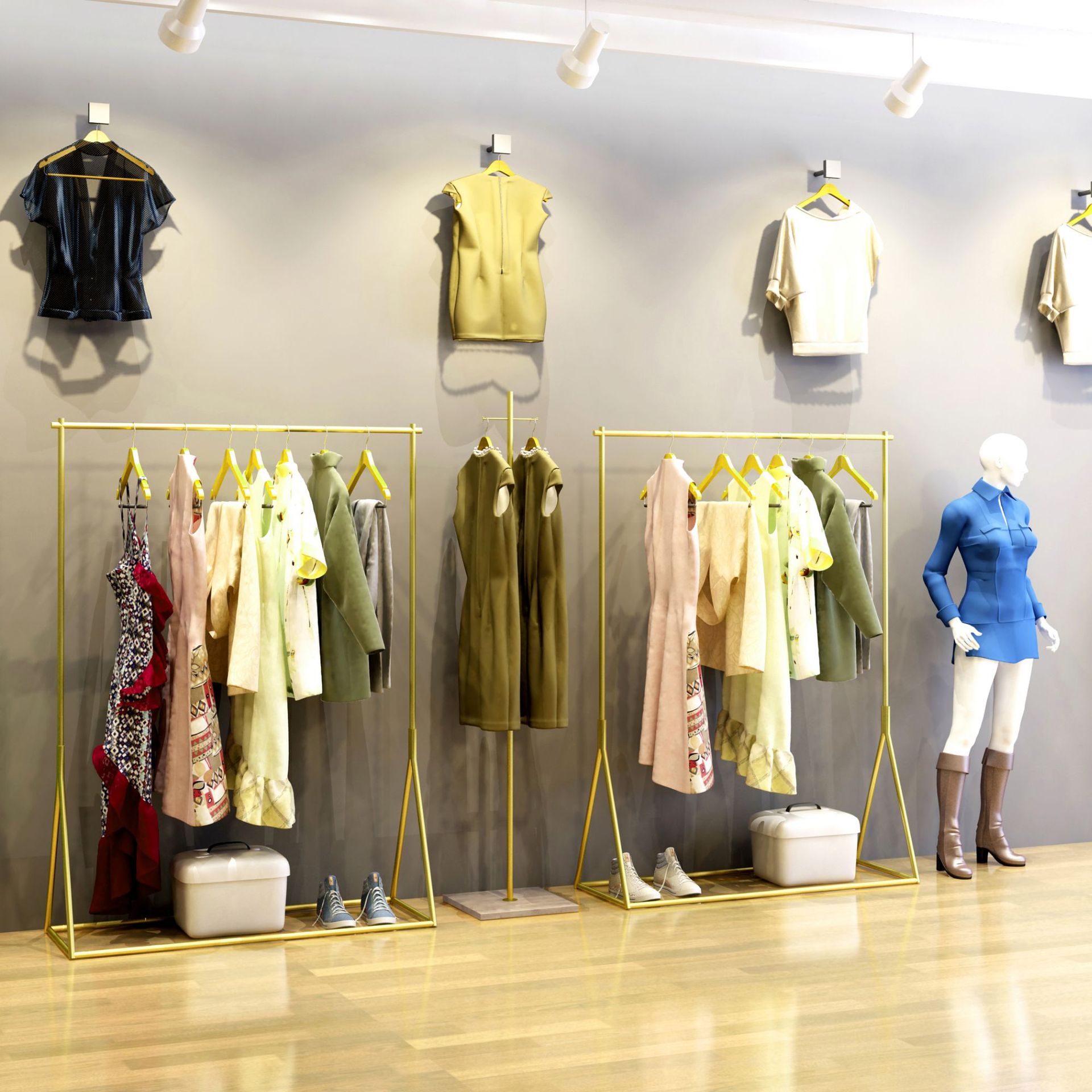 服装店展示架金色服装架女装店货架落地式挂衣架衣服架子铁艺简