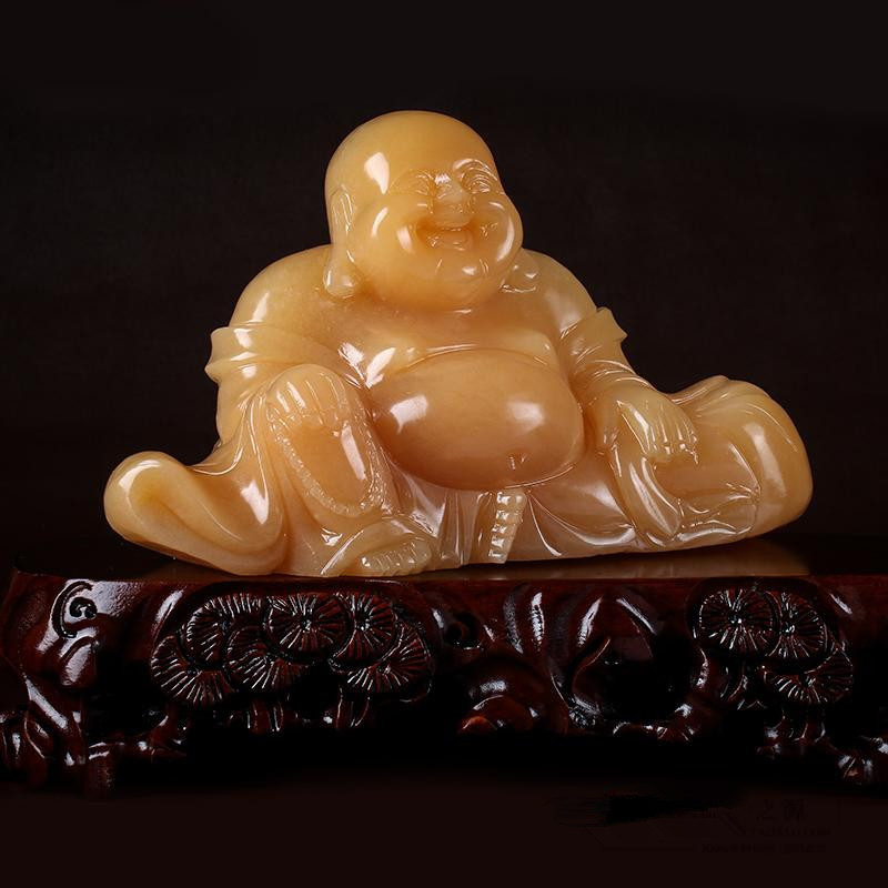 玉器工艺品米黄玉佛公摆件黄鱼玉石雕刻弥勒佛菩萨摆件