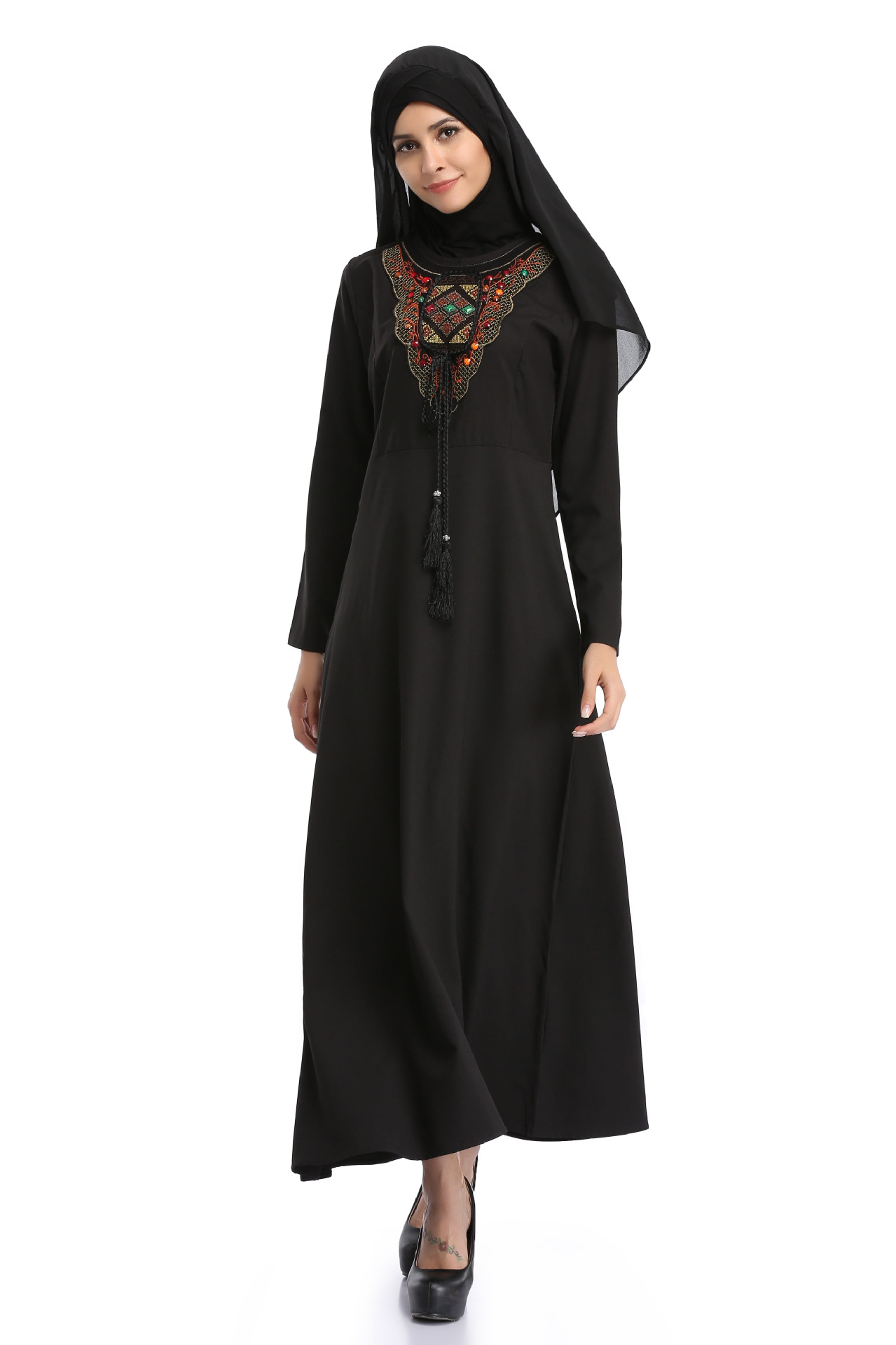 速卖通亚马逊穆斯林女装长袍刺绣拼贴民族风长裙muslim连衣裙m07