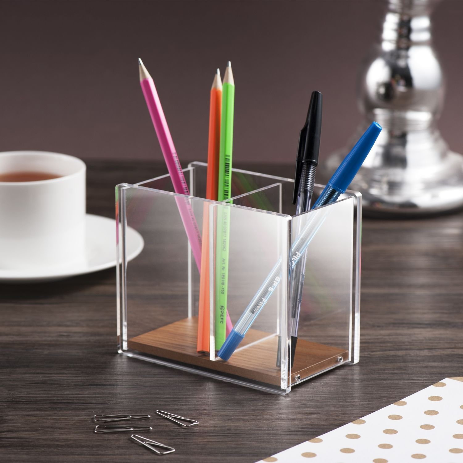 办公文具收纳笔筒桌面亚克力透明双格学生用品笔筒压克力收纳笔筒