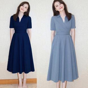 气质雪纺连衣裙女夏2018新款高圆圆同款裙子深蓝色v领修身中长裙