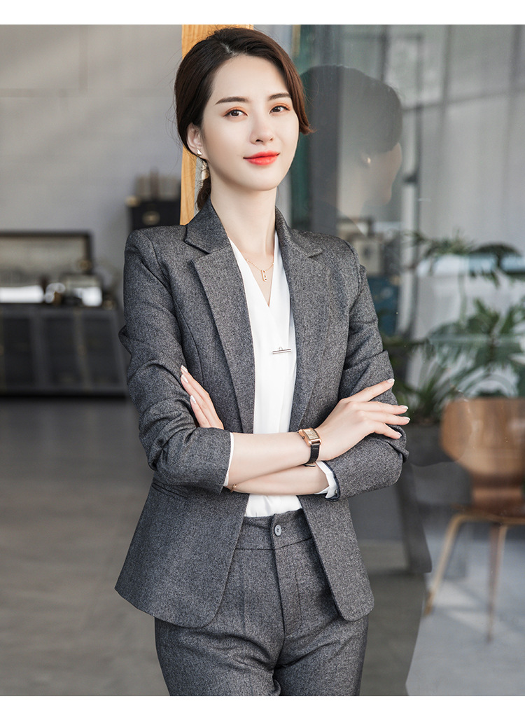 大码职业装女套装秋冬季套裤裙时尚ol白领长袖商务正装面试西装黑