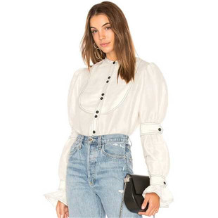 欧洲潮牌早秋新品复古宫廷风收口花边蹄形泡泡袖明线轮廓女式衬衫