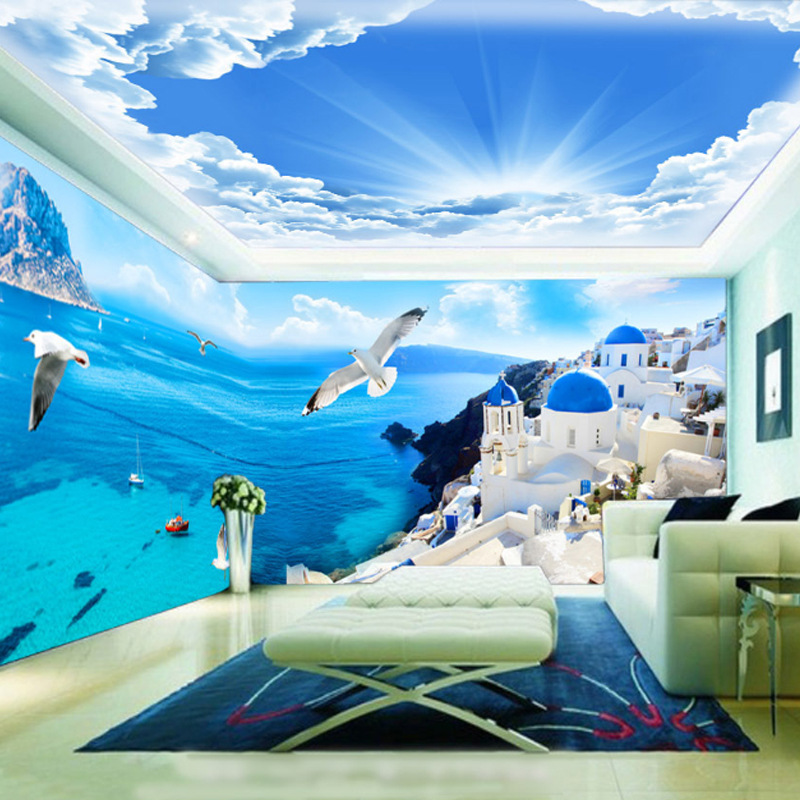 大型希腊爱情海地中海主题风情酒店宾馆卧室客厅背景墙纸壁画